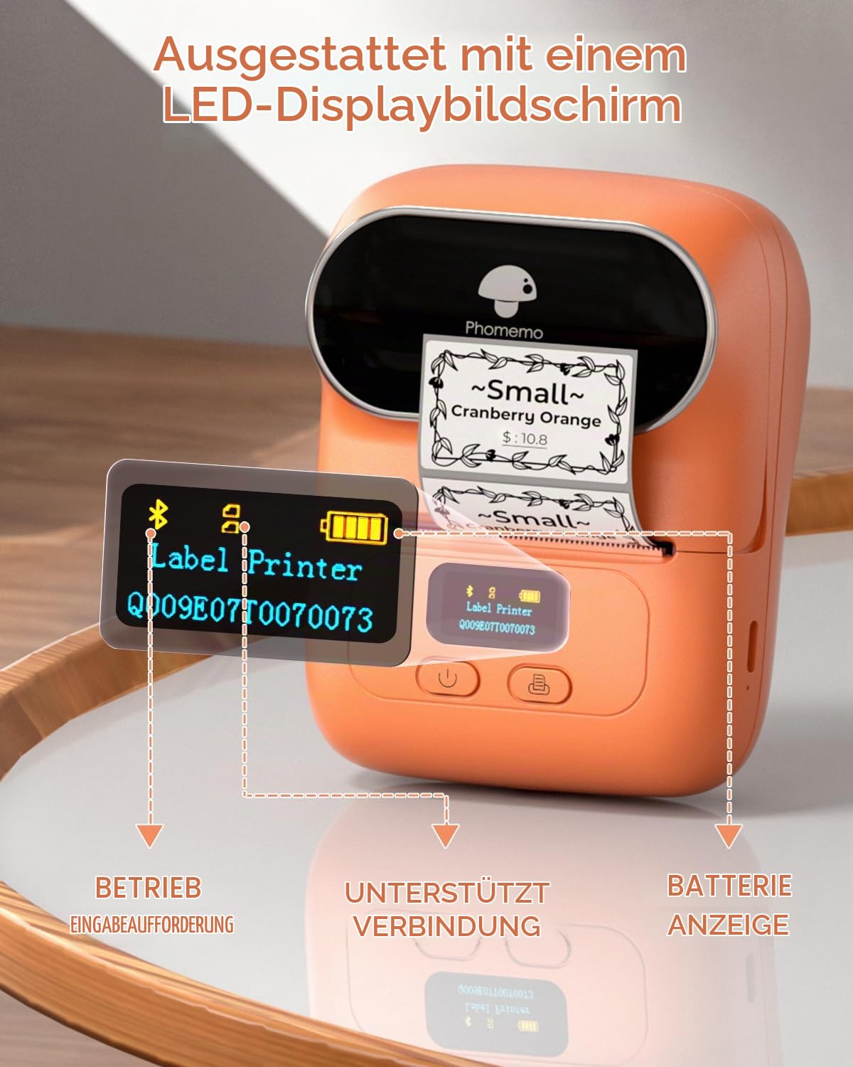 Phomemo M110 Etikettendrucker - Mini Bluetooth Etikettendrucker, Thermo Etikettendrucker Handdrucker, Geeignet für Kleidung, Supermarkt, Einzelhandel usw., kompatibel für Android und iOS, Orange
