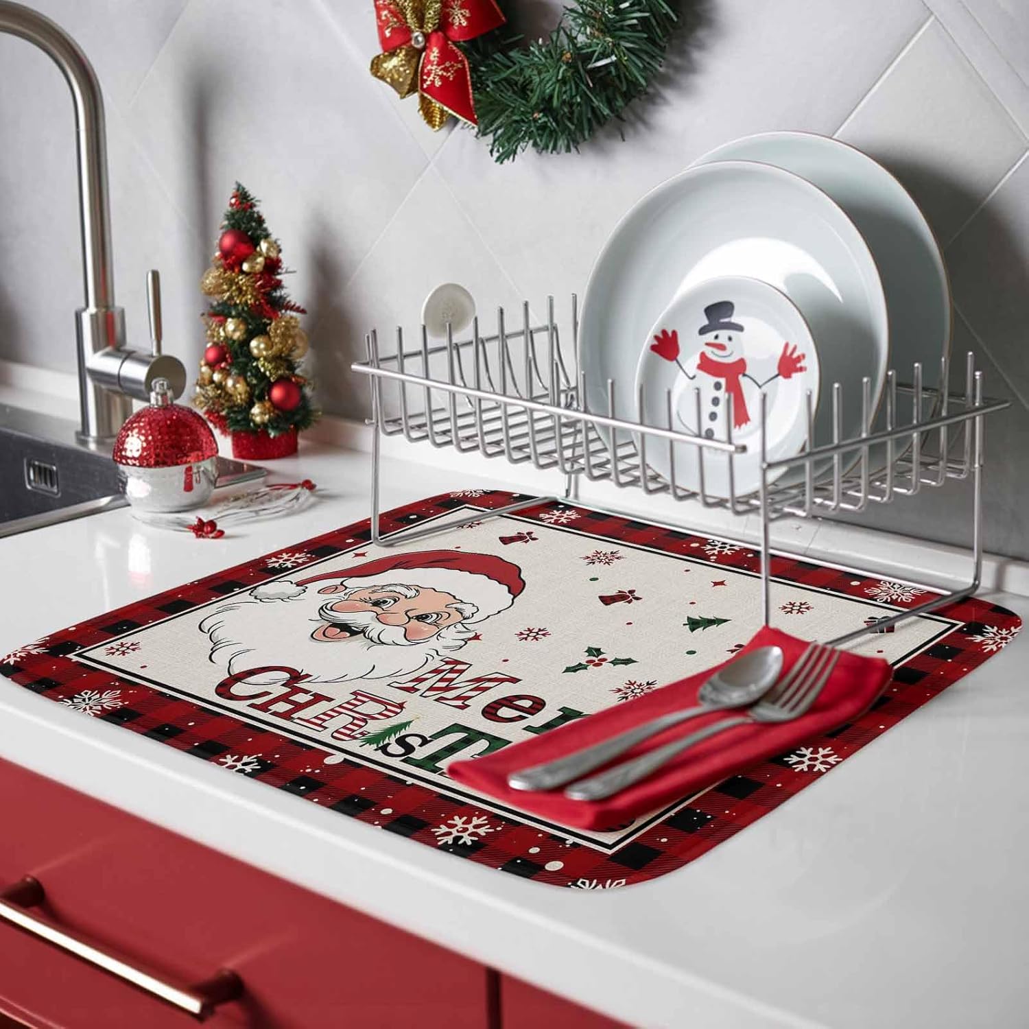 Merry Christmas Words on Linen Dish Drying Mats for Kitchen Counter,Absorbent Microfiber Dish Drainer Rack Mat Santa Claus Red Black Plaid Drying Pad for Sinks,Utensils,Countertops,18x24in