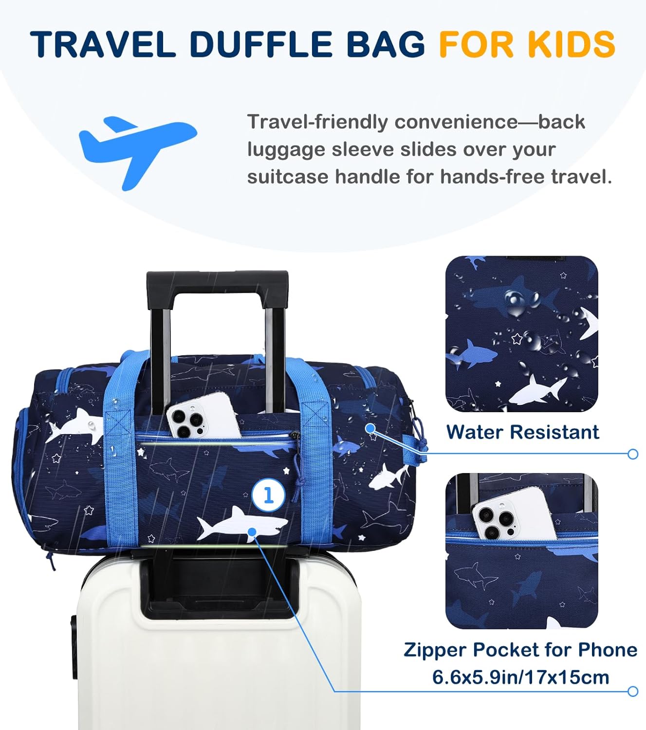 Kids Duffle Bag,VASCHY Travel Bag for Toddler Boys Overnight Sleeping Bag Duffel Ballet Dance Sport Carry On Weekender Bag with Shoes Compartment Dry Wet Pocket Sharks