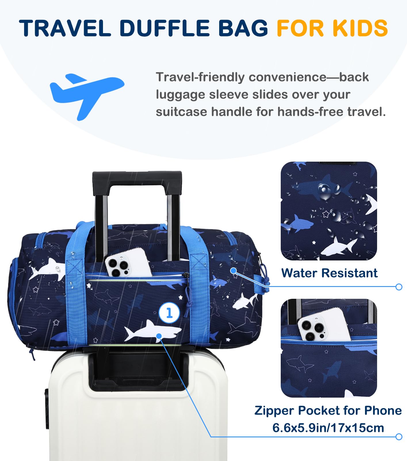 VASCHY Bolsa de Deporte Niño, Bolsa de Viaje Infantil Ligera Bolsa Gimnasio Piscina con Compartimento Zapatos, Tiburon Azul