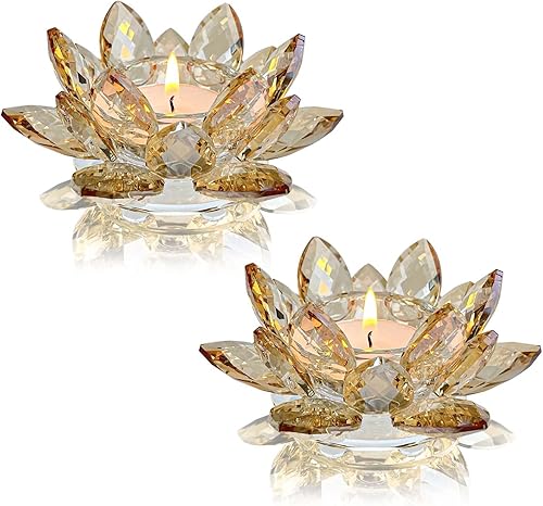 Portavelas de Cristal Flor de LotoCandelabro de Vidrio para Velas de Té, Decoración para Navidad, Boda, Fiesta en Casa (1, Dorado 2 piezas)