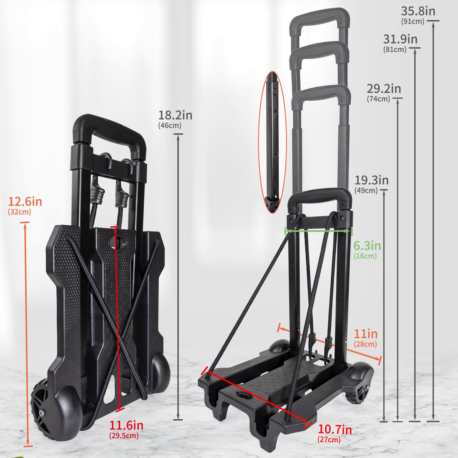 Carrello pieghevole a mano, zaino, carrello per bagagli resistente con 2 corde elastiche per bagagli, zaini, viaggi, traslochi, shopping, uso ufficio