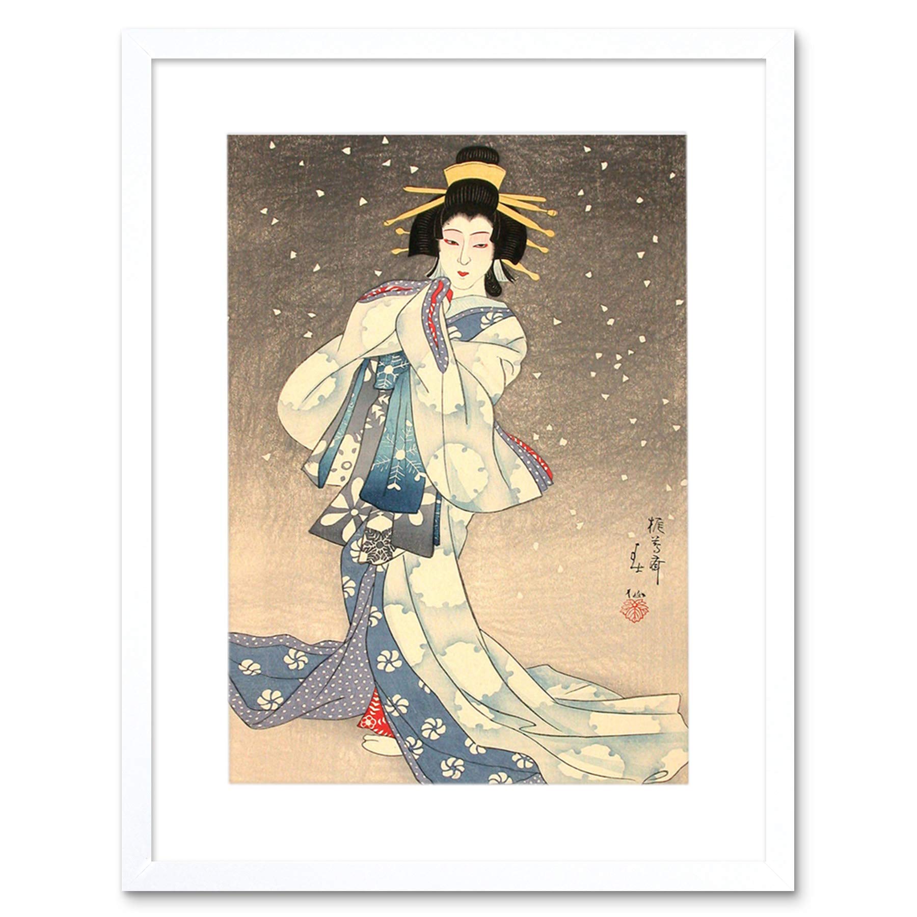 Wee Blue Coo Natori Shunsen Japanese Kabuki Theatre Geisha Artwork Framed Wall Art Print 12X16 Inch