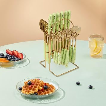 24 Pcs Cutlery Set, Stainless Steel Cutlery Set with Storage Stand, Utensil Set Service for 6 People, Ceramic Handle, Mirror Polishing, for Kitchen Restaurants Hotels (Gold+Green)