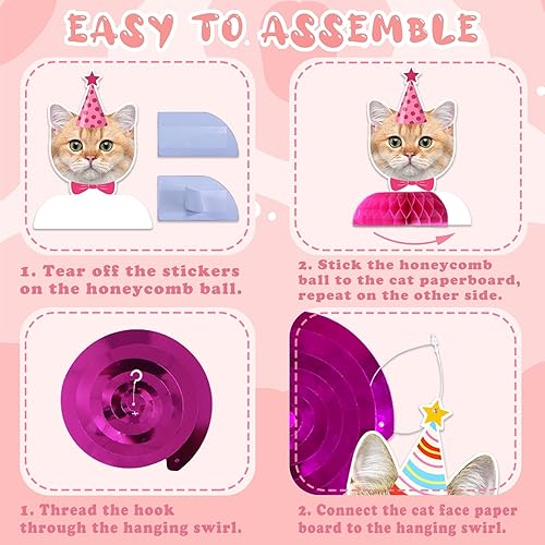 Miniatura 7 de Decoraciones de cumpleaños con temática de gato, incluye 1 pancarta de cumpleaños, 6 centros de mesa de panal, 6 espirales colgantes con 6 recortes