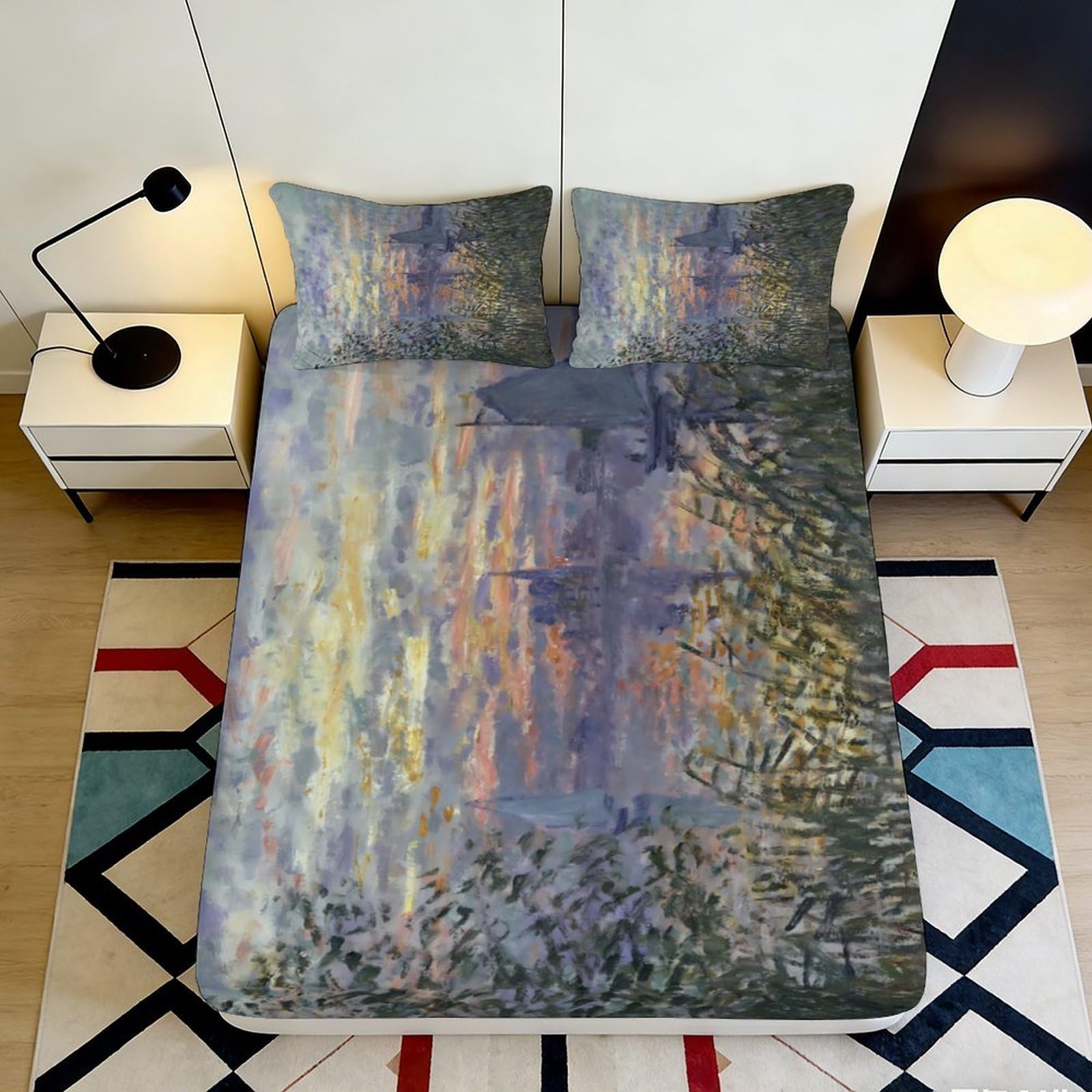 3D Printed Impressionist Sunset Fitted Sheet Microfiber Soft Breathable River Landscape Mattress Cover Bedroom Decor 90x200x25cm
