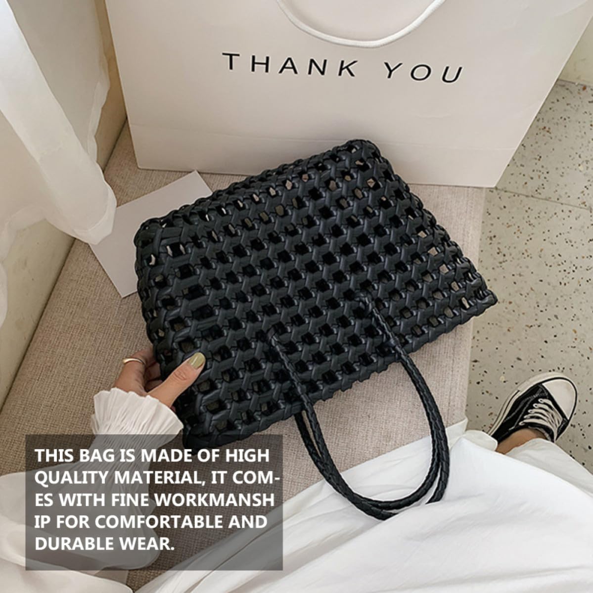 LALAFINA Bolso de Mano de Paja Tejido a Mano, Negro, Diseño Hueco