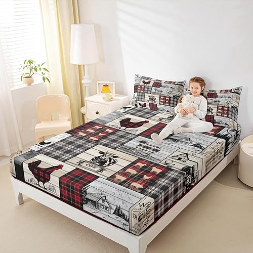 Miniatura 8 de Juego de sábanas rústicas de animales de granja retro, a cuadros, estilo granja, cabaña, tamaño Queen, diseño de oveja, pollo y vaca, sábana bajera