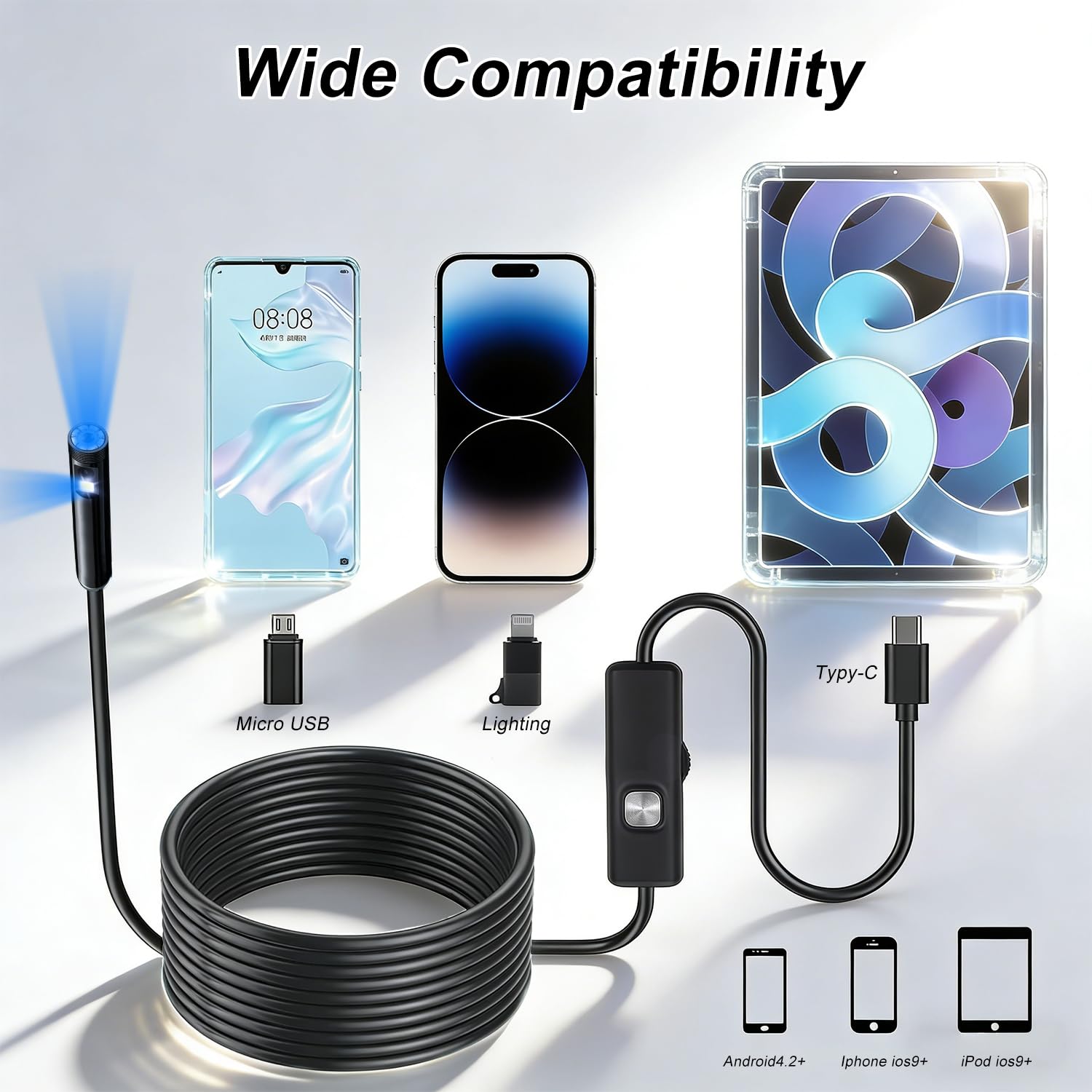 Endoskopkamera mit Licht, 5M Dual-Linsen-Boreskop Werkzeuge mit 8 einstellbaren LED-Lichtern, Endoskop mit halbstarrer Schlangenkamera, IP67 Wasserdichtes Endoskop für iOS und Android (Dual-Linse 5M)
