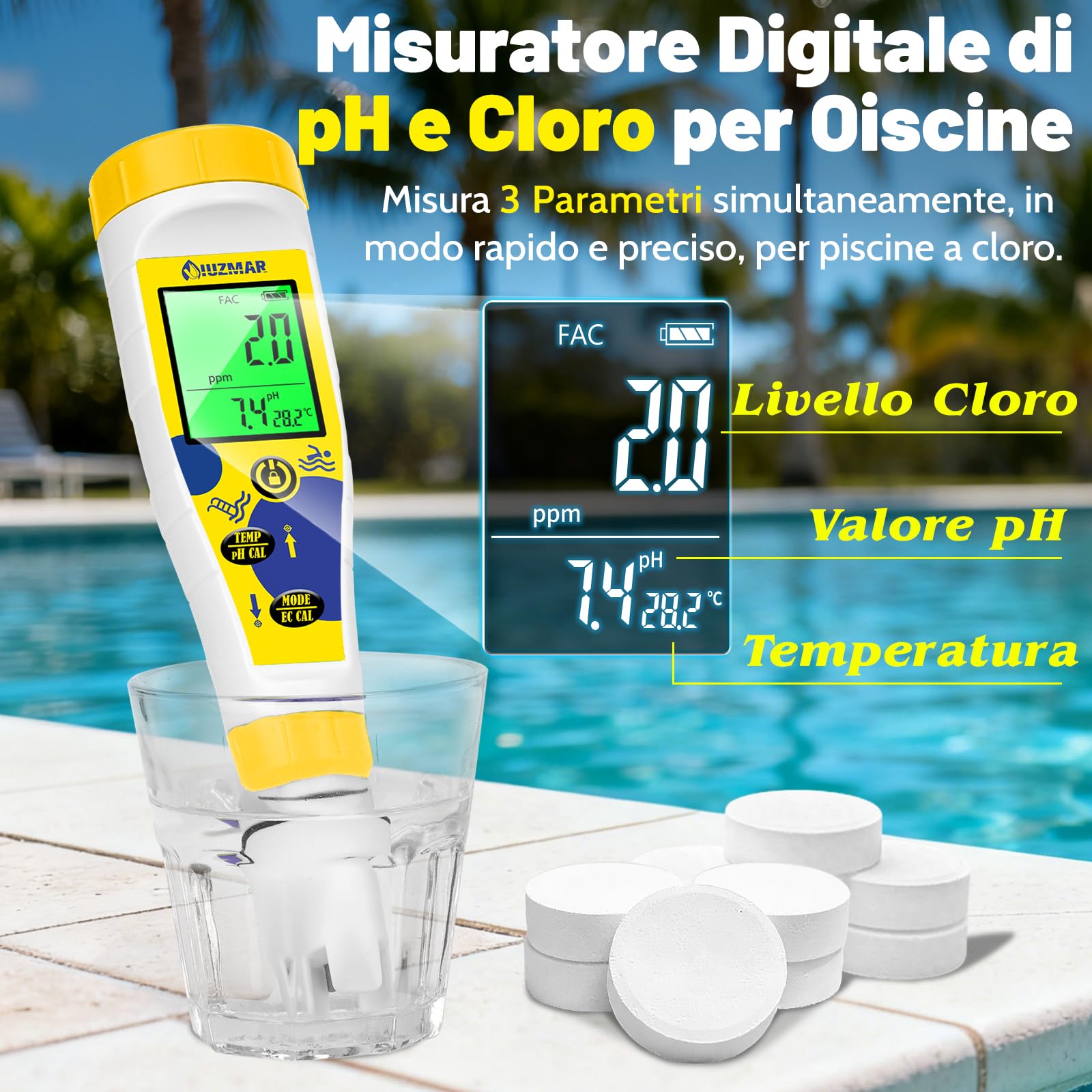 UIUZMAR Misuratore pH e Cloro Sale Piscina, Salinità Piscina Acqua Salata | Visualizzazione Simultanea di pH/Cl/Temp, 7 in 1 pH, EC, TDS, Salinità, Cloro Residuo, ORP e Temp per Acquari Idroponici Spa