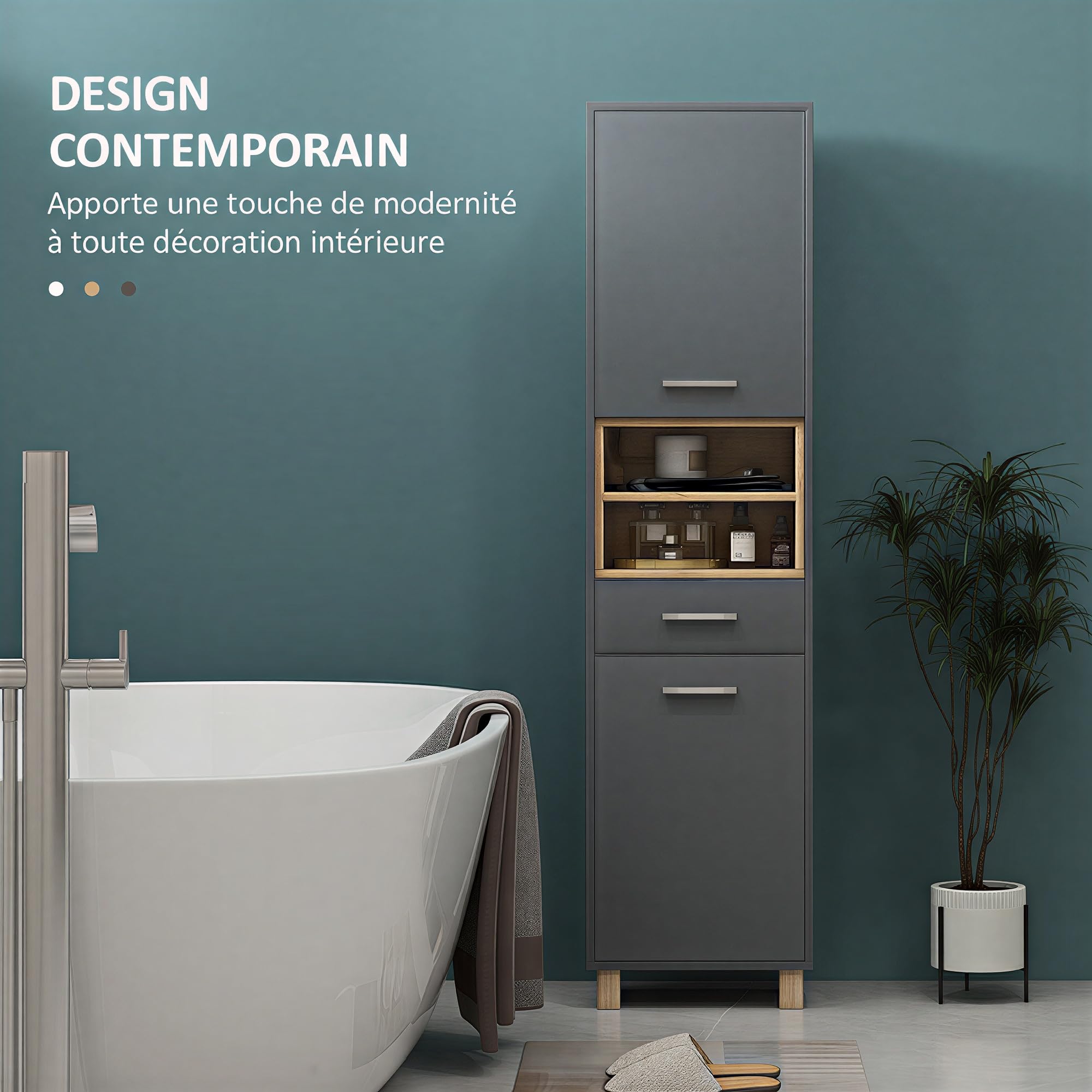 HOMCOM - Columna para cuarto de baño, mueble de almacenamiento, armario con 2 puertas, cajón y 2 estantes abiertos, armario alto para cocina, sala de estar, 40 x 24 x 160 cm, color gris