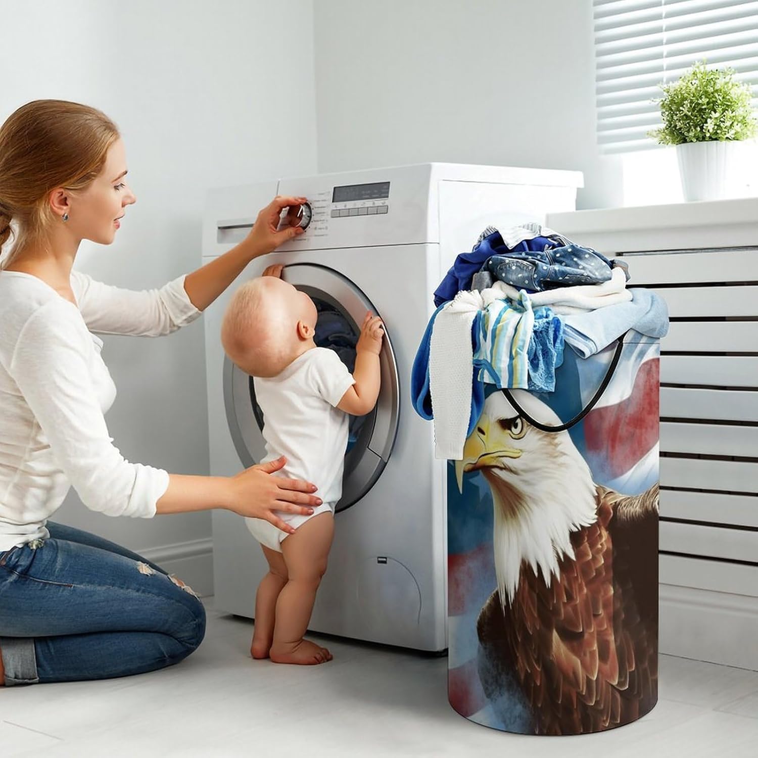 American White Eagle Laundry Basket Freestanding Laundry Hamper with Handles Waterproof Dirty Clothes Hamper Collapsible Washing Bin Aesthetic Clothes Basket for Bathroom Bedroom Dorm