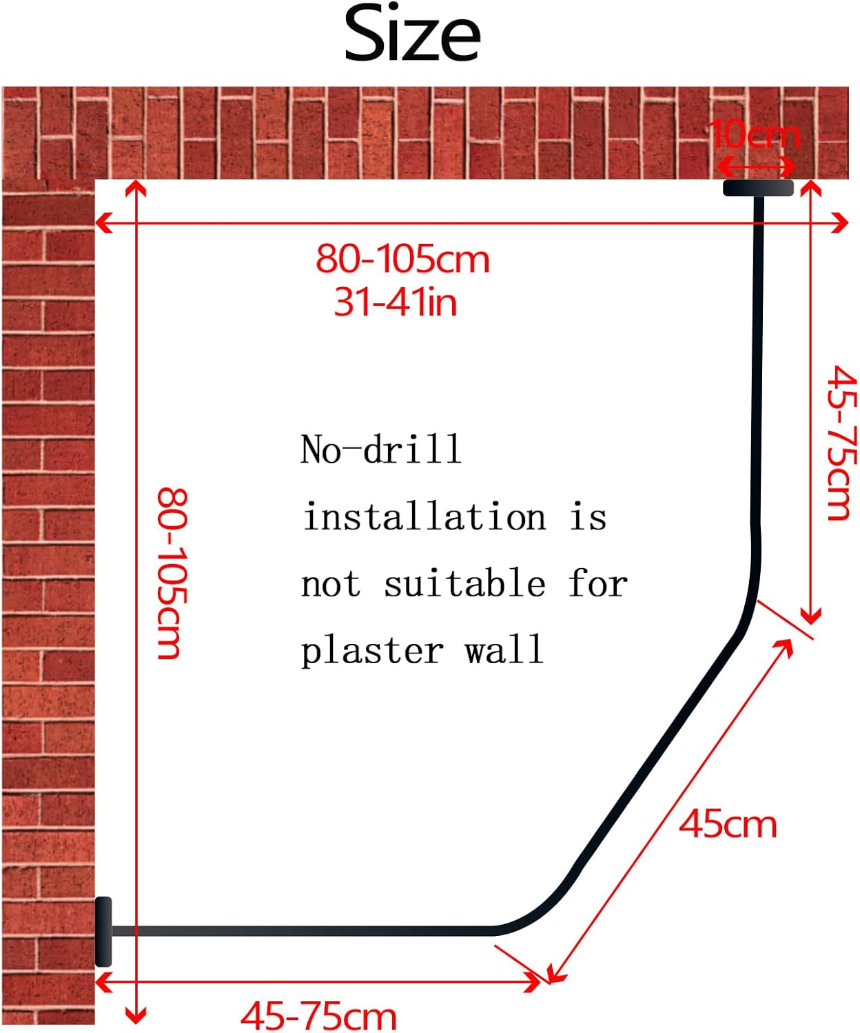 Adjustable Black Corner Shower Curtain Rod with 12 Hooks, 31-41 Inch Diamond Shaped Shower Curtain Rod, Curved Rustproof 304 Stainless Steel Shower Rod for Bathroom Bathtub Drill and No Drill