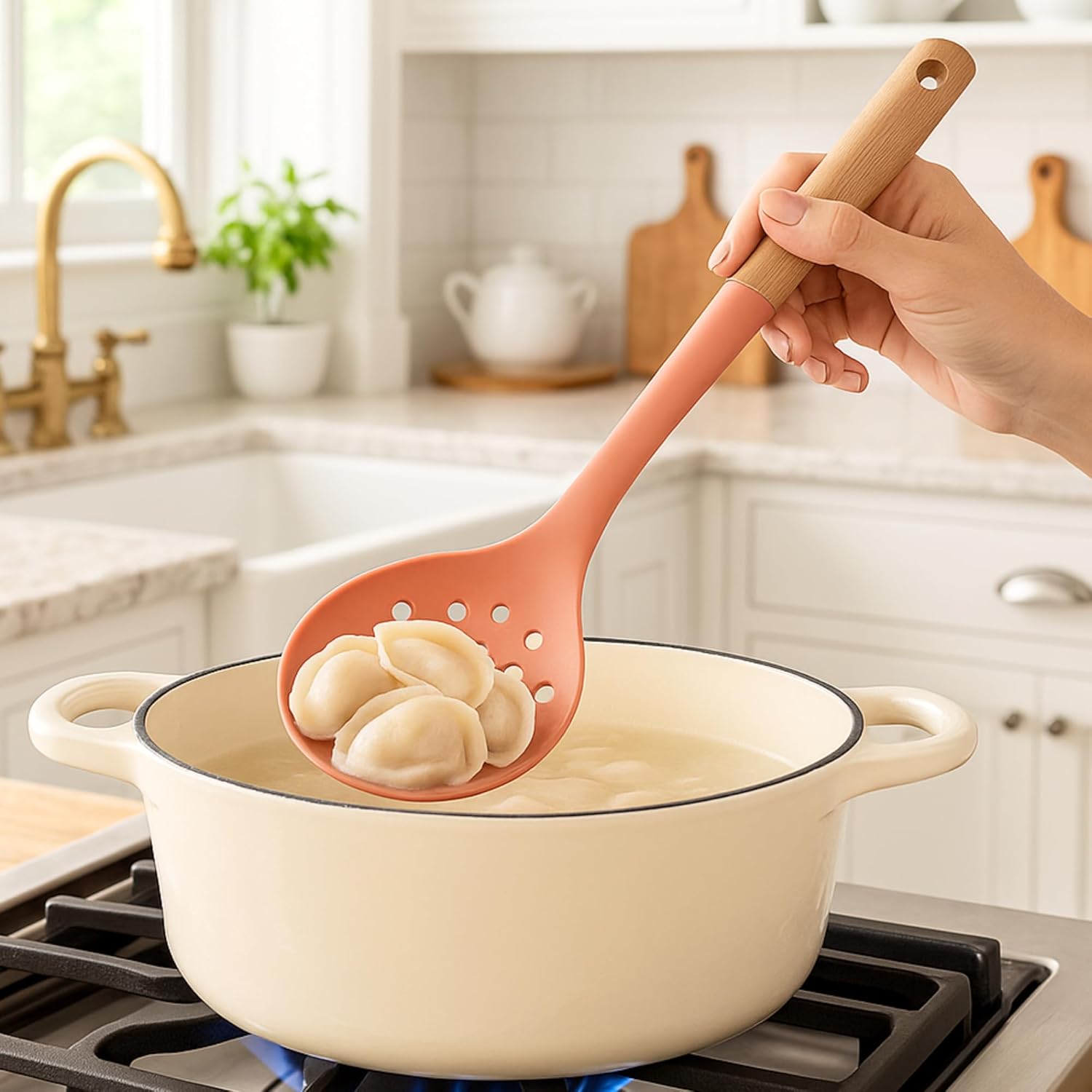 Beille 5pc Beech Wood and Silicone Kitchen Utensils Set Meal Prep Cooking Baking Supplies Home Essentials, Coral Peach