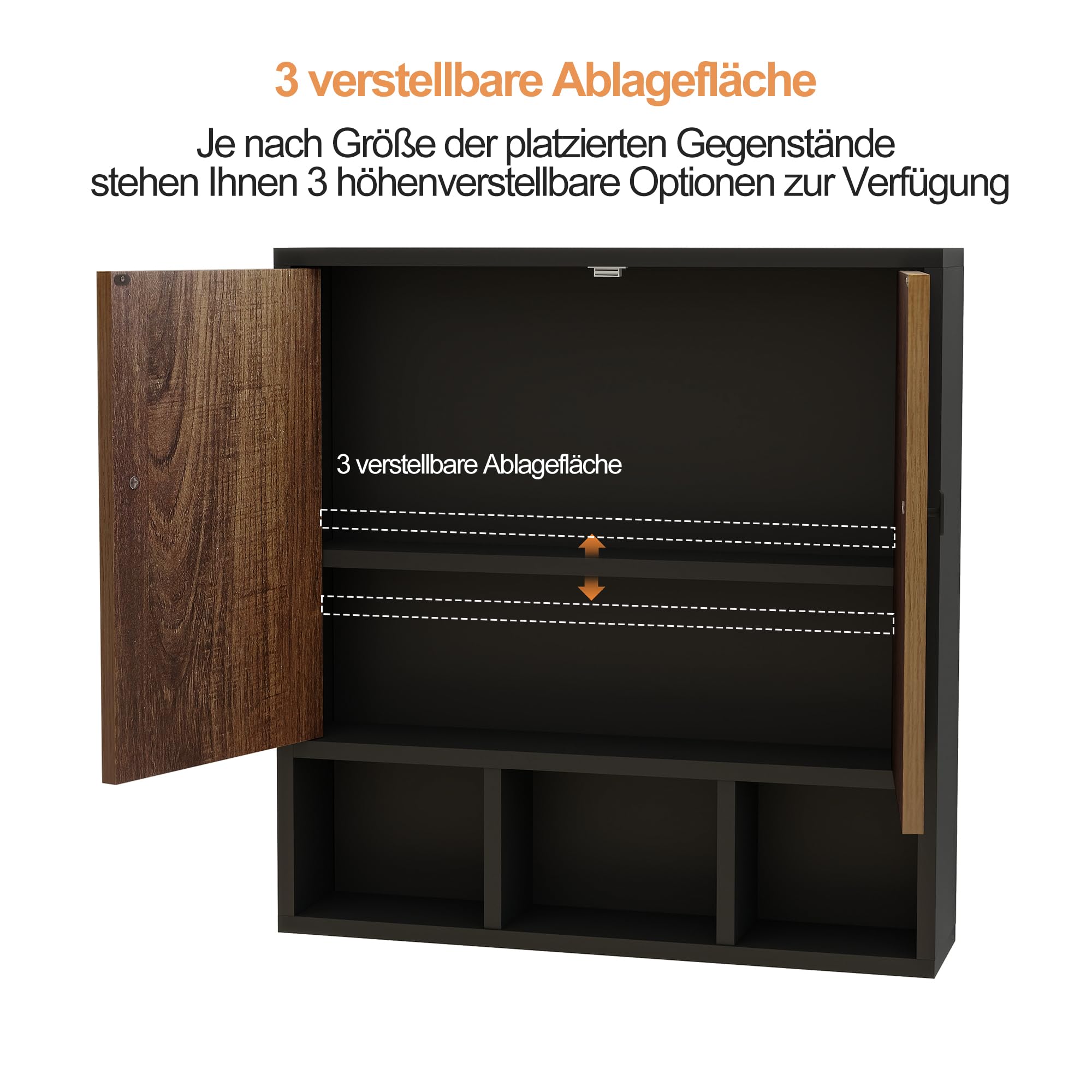 Hängeschrank bad, Badezimmerschrank hängend,Medizinschrank,Medikamentenschrank,Zweitüriger Holz schrank badezimmer,Badschrank mit verstellbaren Böden und offenen Fächern,13 x 56 x 58 cm,Schwarz