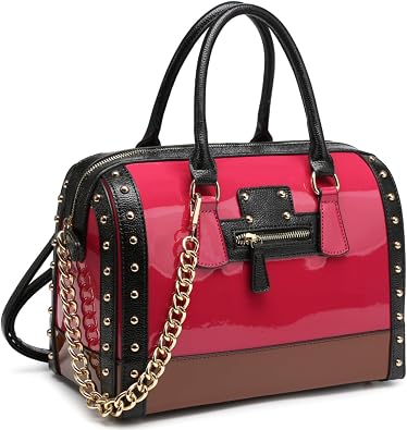 Dasein Womens Barrel Bag Shiny Patent Faux Leather Handbag with Rivet Decoration Top Handle Satchel Shoulder Purse