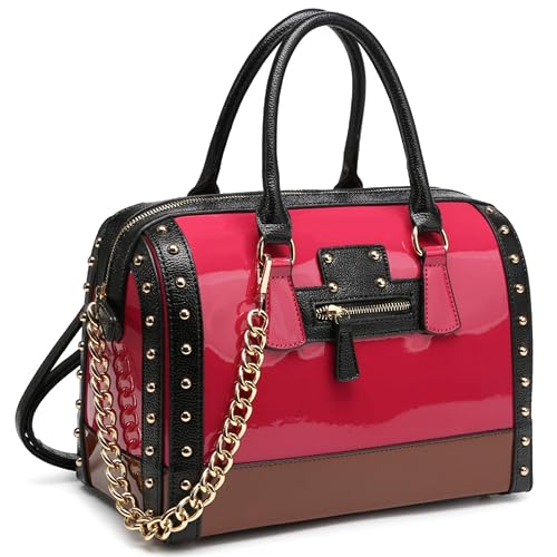 Dasein Women's Barrel Bag Shiny Patent Faux Leather Handbag with Rivet Decoration Top Handle Satchel Shoulder Purse - Large/Small - Larger Fuchsia