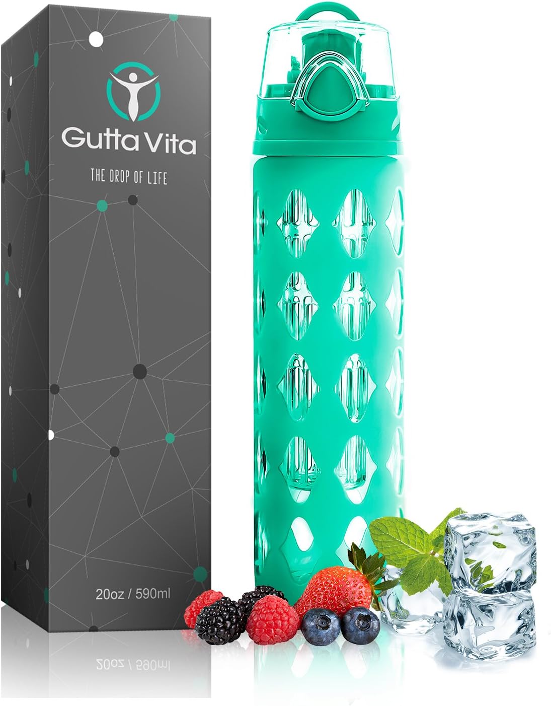 20 oz Glass Water Bottle Fruit Infuser with Silicone Sleeve - Best for Yoga Gym Hiking or Sports - BPA Free Borosilicate Glass - Portable Detox Bottle with Leak Proof Flip Top