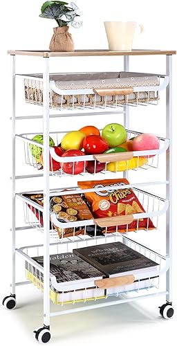 Miniatura 1 de Carrito rodante de almacenamiento de cocina, carrito de cocina con ruedas bloqueables, cesta de alambre de metal de 5 niveles con mango de madera,