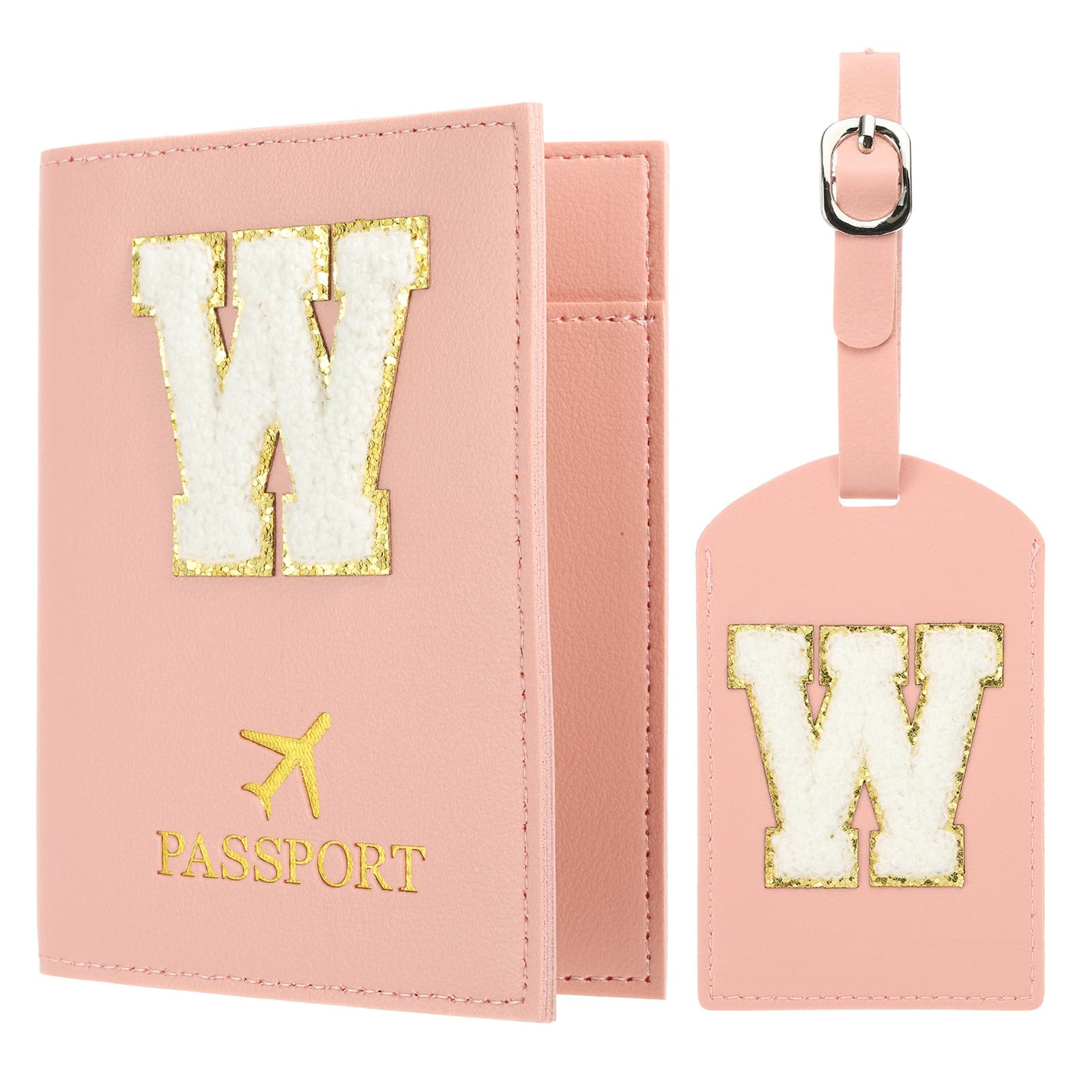 Passport Holder for Travel, Initial Passport Cover and Luggage Tag Set with Alphabet Chenille Letter Patch Travel Wallet Bag Suitcase Identifier for Women Family Travel Pink W, Pink, Modern-image-25