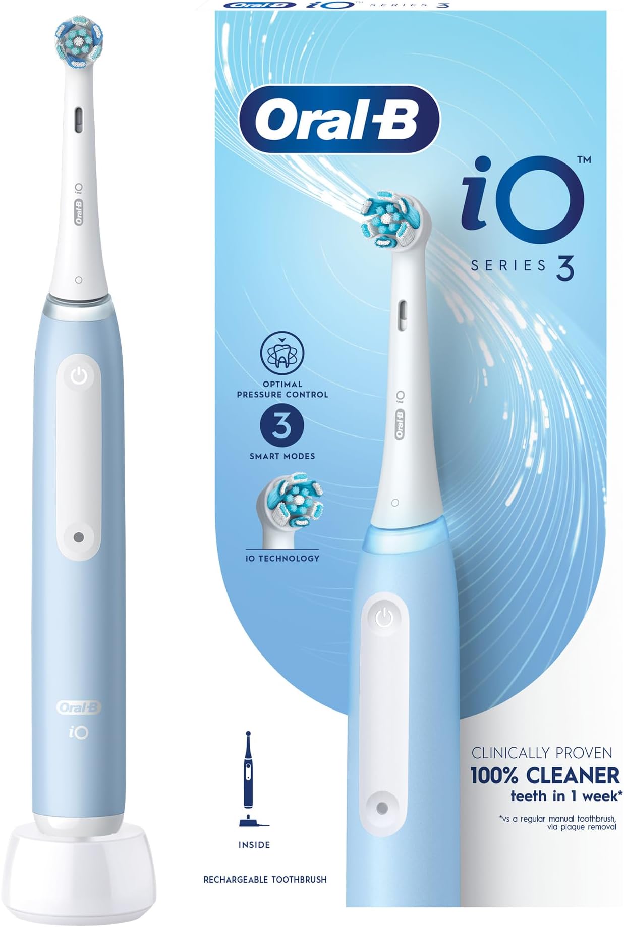 – Oral-B Oral B iO3 Series 3 Rechargeable Electric Toothbrush, 3 Smart Modes. iO Technology, Artificial Intelligence, Optimal Pressure Control iOG3.1A6.0 - Blue