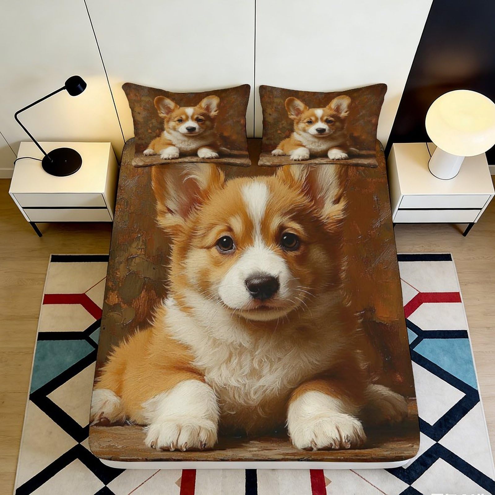3D Printed Corgi Dog Fitted Sheet Microfiber Soft Brown Puppy Mattress Cover Anti-Slip for Bedroom Dorm Bed Decoration 200x200x25cm