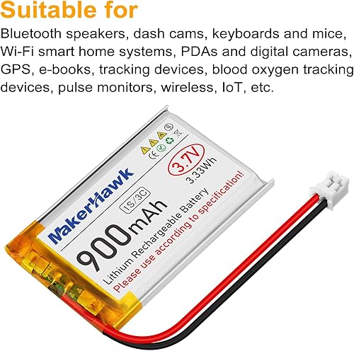Miniatura 6 de MakerHawk Batería LiPo de 3.7 V 900 mAh recargable 1S 603450 baterías de polímero de litio con doble placa de protección, enchufe micro JST 2.0 para