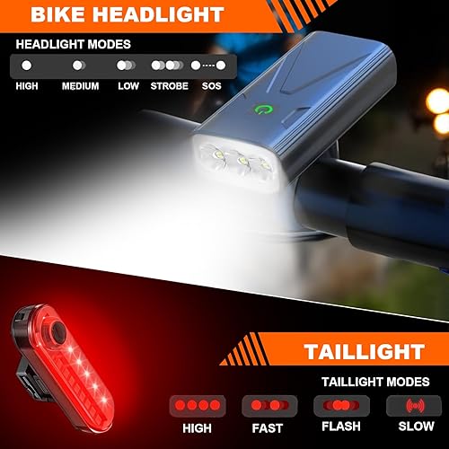 Miniatura 2 de Juego de luces de bicicleta para conducción nocturna, juego de luces USB para bicicleta, faro delantero y trasero de bicicleta, modos de luz de 35,