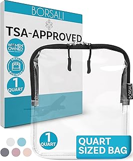 BORSALI TSA Approved Toiletry Bag - Clear Quart Size for 3-1-1 LIquids for Carry On Travel - Toiletries Organizer - Cosmetic Pouch with Zipper - Travel Accessories