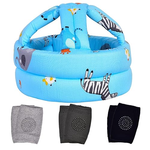 Casco de bebé y rodilleras para gatear, casco infantil y casco de bebé para caminar, para edades de 6 a 36 meses, zoológico azul (B)