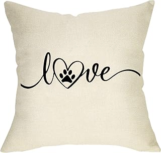 Softxpp Dog Paw Throw Pillow Cover Love Heart, Decorative Pet Pillow Case Decor for Dog Lover Gift, Farmhouse Square Cushion Cover Rustic Home Decorations for Sofa Couch 18’’ x 18’' Cotton Linen