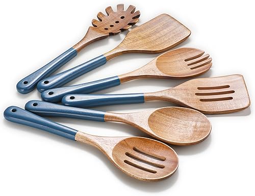 Cucharas de madera para cocinar, 6 utensilios de cocina de madera de acacia natural, juego de utensilios de cocina de madera antiadherente para