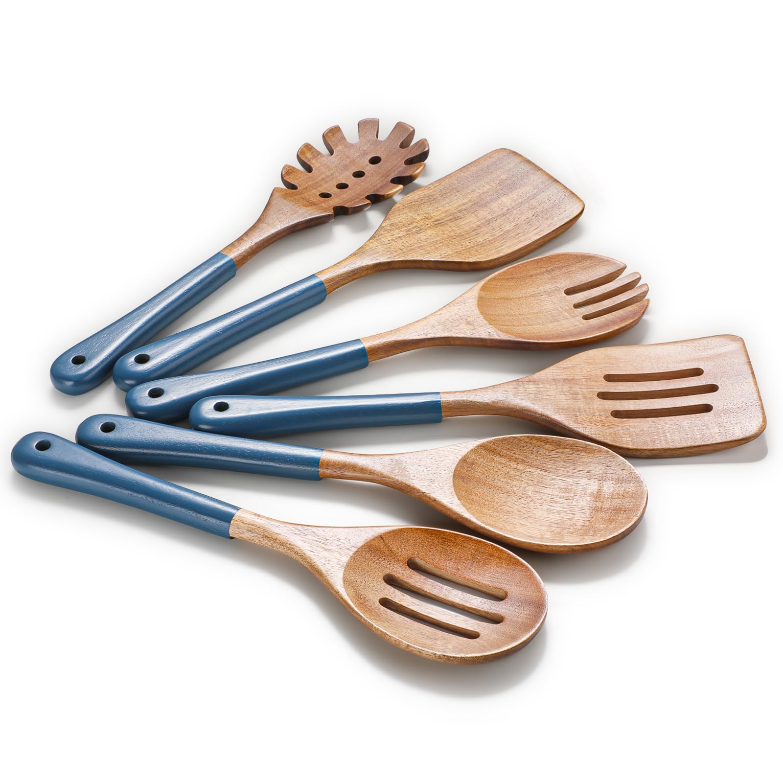 Wooden Spoons For Cooking, 6 PCS Natural Acacia Wooden Cooking Utensils, Non-Stick Wood Kitchen Utensil Set for Kitchen Essentials, Smooth Grip Wood Cooking Spoons with Hanging Hole, Blue