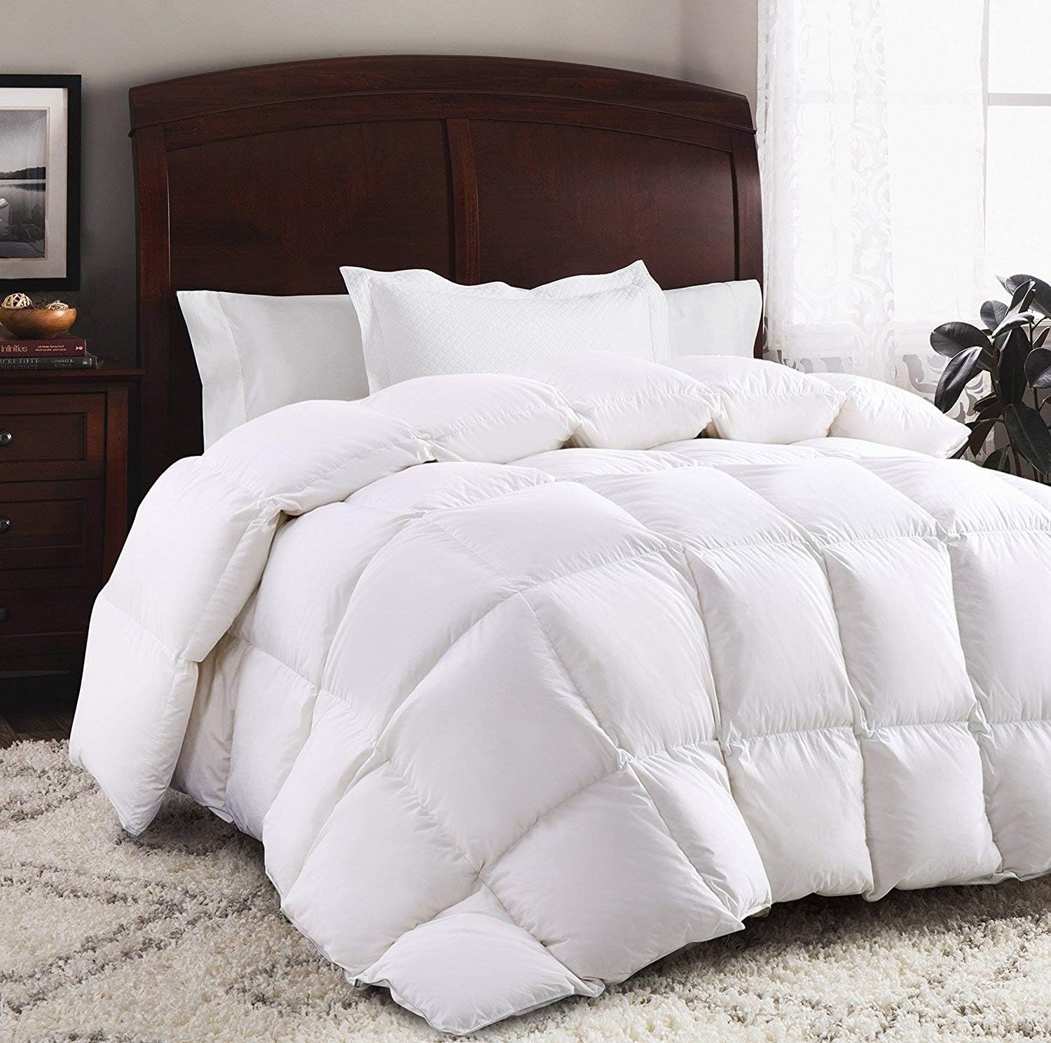 ROSECOSE Luxurious Goose Down Comforter Queen Duvet Insert All Seasons Solid White Hypo-allergenic 1200 Thread Count 750+ Fill Power 100% Cotton Shell Down Proof with Tabs (Queen, White)