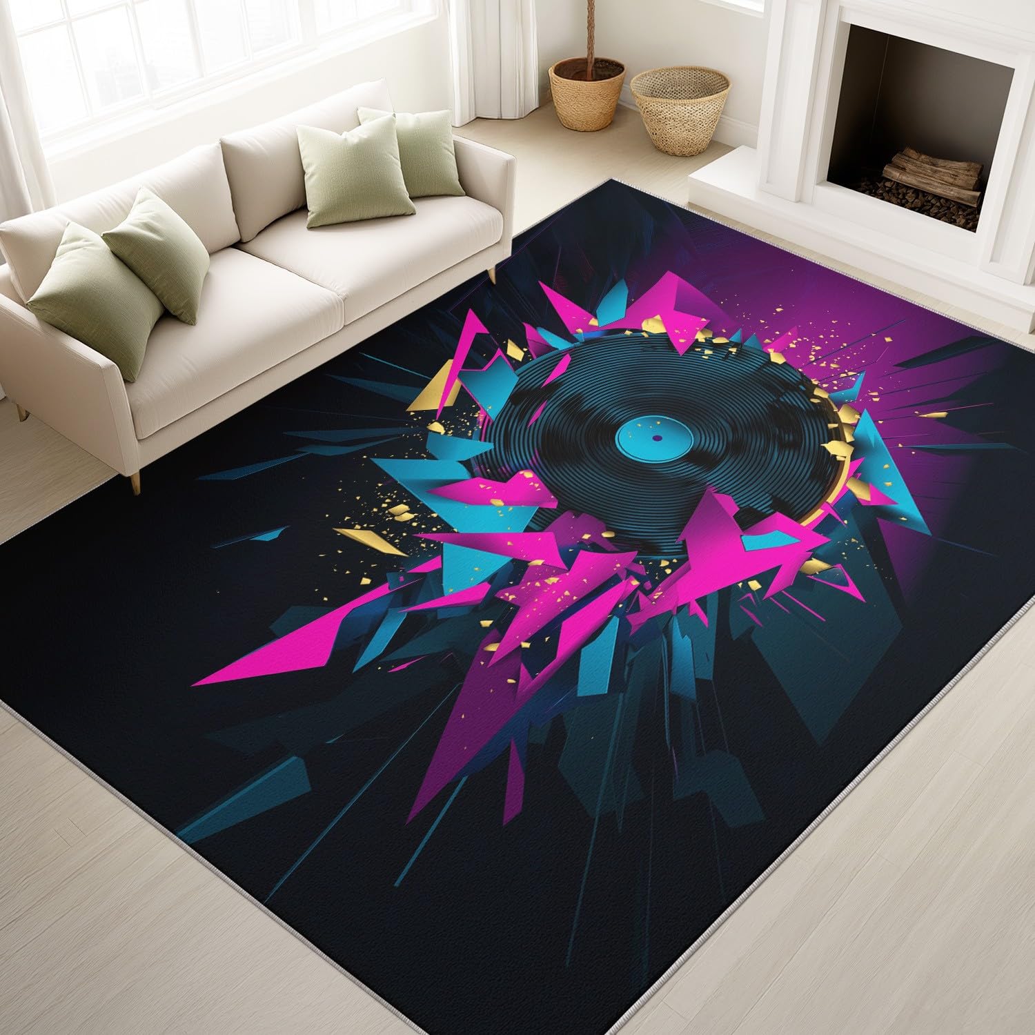 Tappeto lavabile per soggiorno, musica futuristica, antiscivolo, tecnologia con frammenti di dischi in vinile, a pelo corto, per camera da letto, sala da pranzo e cucina, in morbida microfibra, 120 x