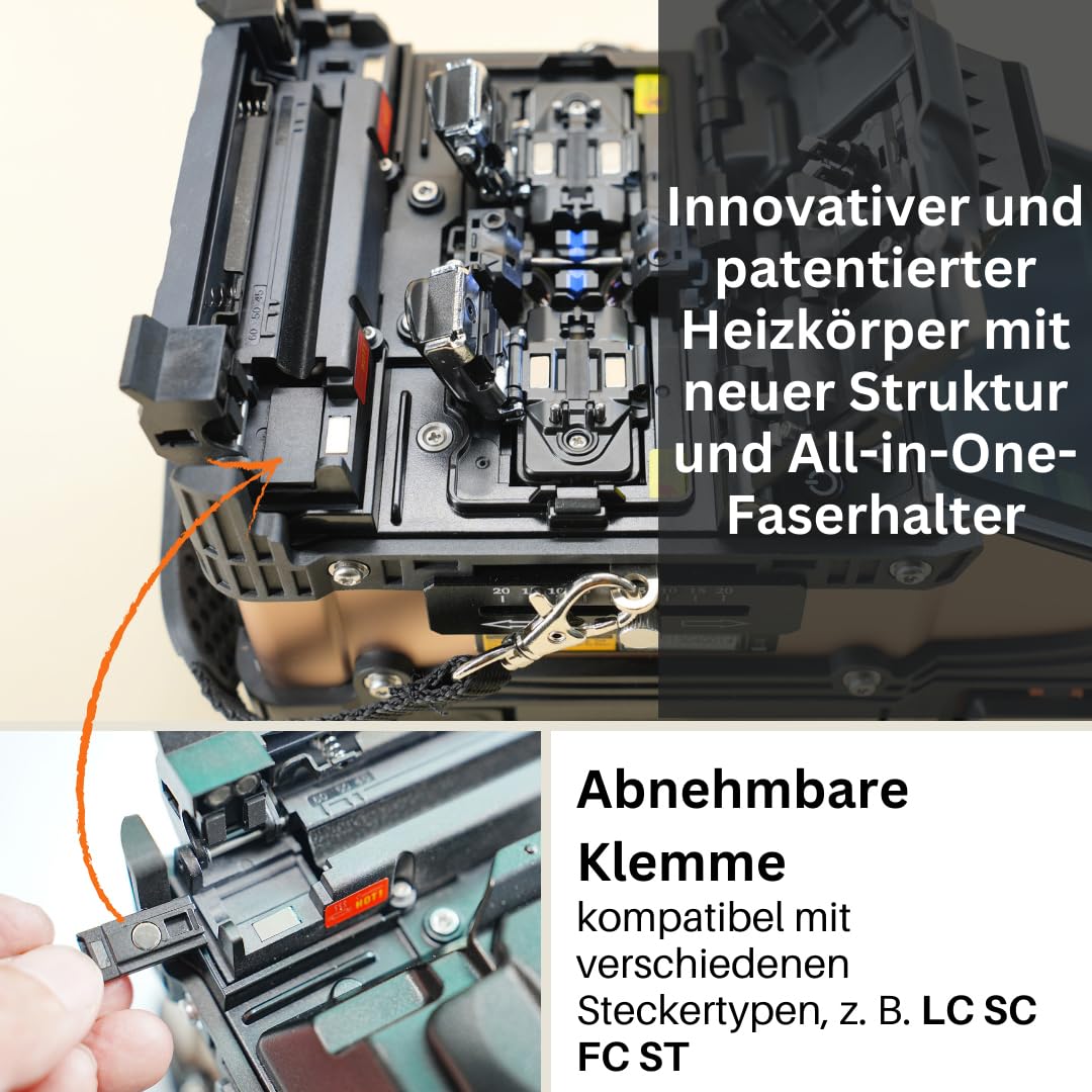 SD-9 Glasfaser Spleißgerät mit OPM und VFL Erstaunlich 5-Sekunden-Spleißen und 11-Sekunden-Heizung, Fusion Splicer LWL Spleißgerät Kit Kernausrichtung 6 Motoren mit 7200-mAh-Akku