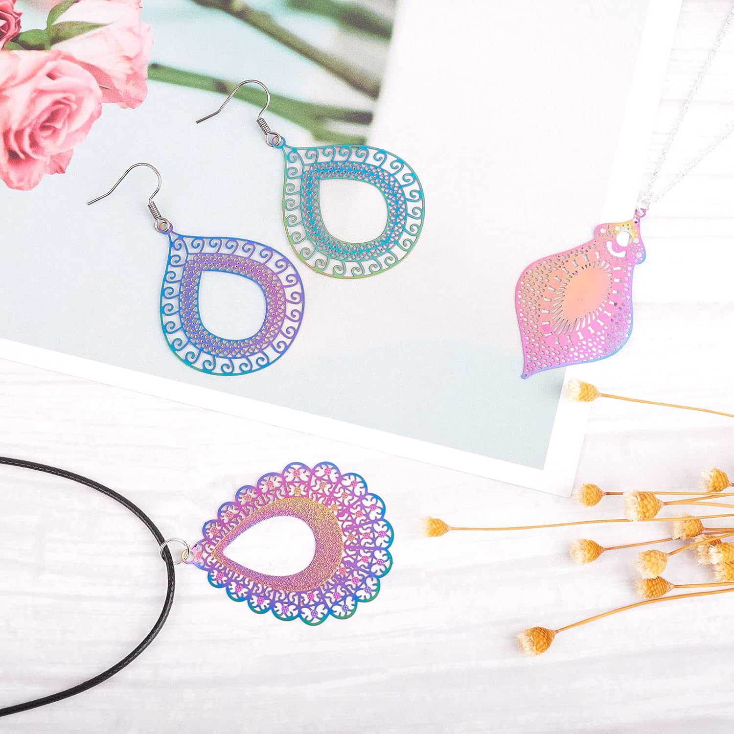 FASHEWELRY 48Pcs Stainless Steel Teardrop Filigree Charms Multi-Color Rhombus Kite Pendants Rainbow Etched Metal Embellishments for DIY Jewelry Making - Image 3