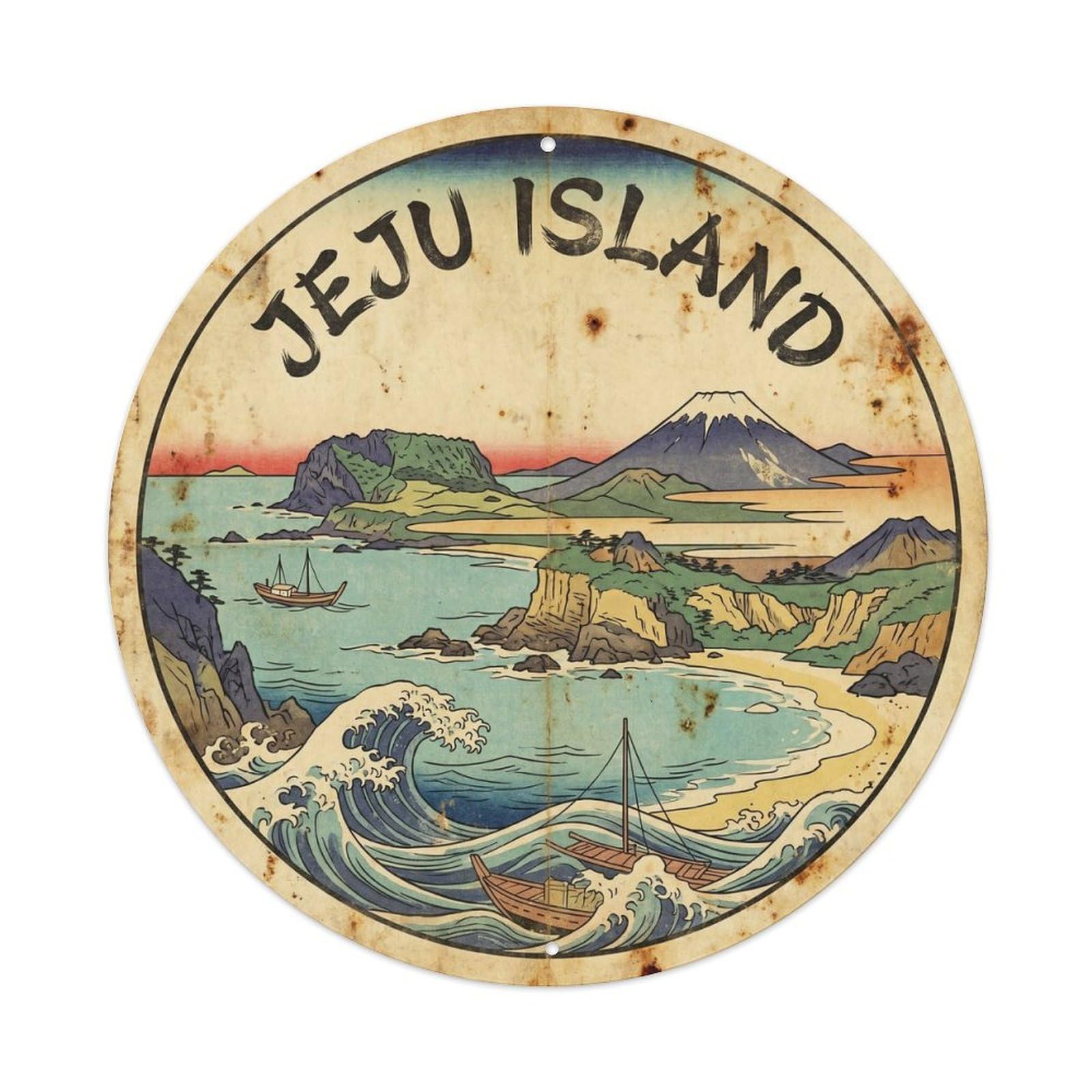 Jeju Island City Tropical Coast Woodblock Metal Tin Sign