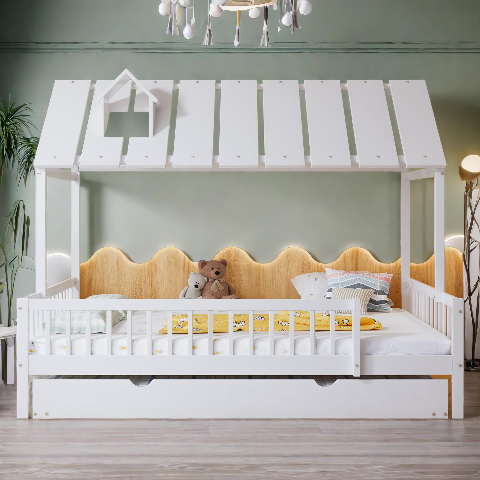 Sapgaks Cama cabaña infantil 120 x 200 con cama nido y litera infantil de 120 x 200 madera, cama entrepiso de 2 plazas con somier de láminas, con barrera, cama entrepiso con almacenamiento, pino + MDF
