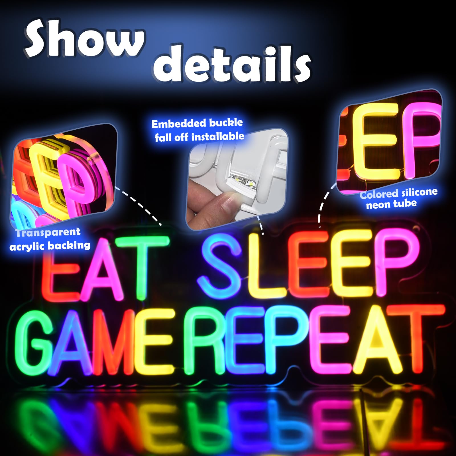 Luz de neón para jugadores, EAT SLEEP GAME REEAT, luz LED para decoración de sala de juegos, decoración de habitación de niños, luz de neón para jugadores, el mejor regalo para niños