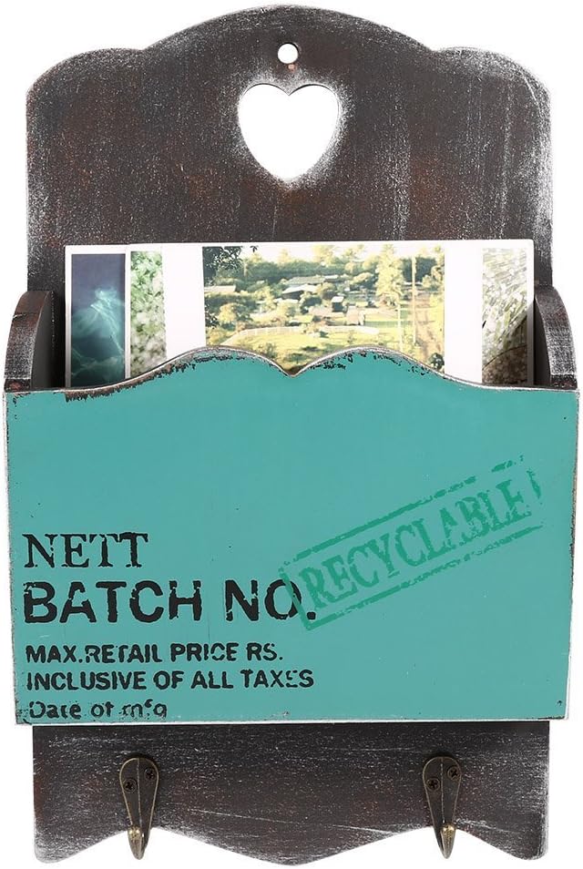 Yosoo Wooden Mail Box Letter Rack Wall Mounted Mail Sorter Storage Box Key Hooks Standing Holder Organizer Hallway Doorway Hanging Basket Vintage Home Decoration (Bluish Green)