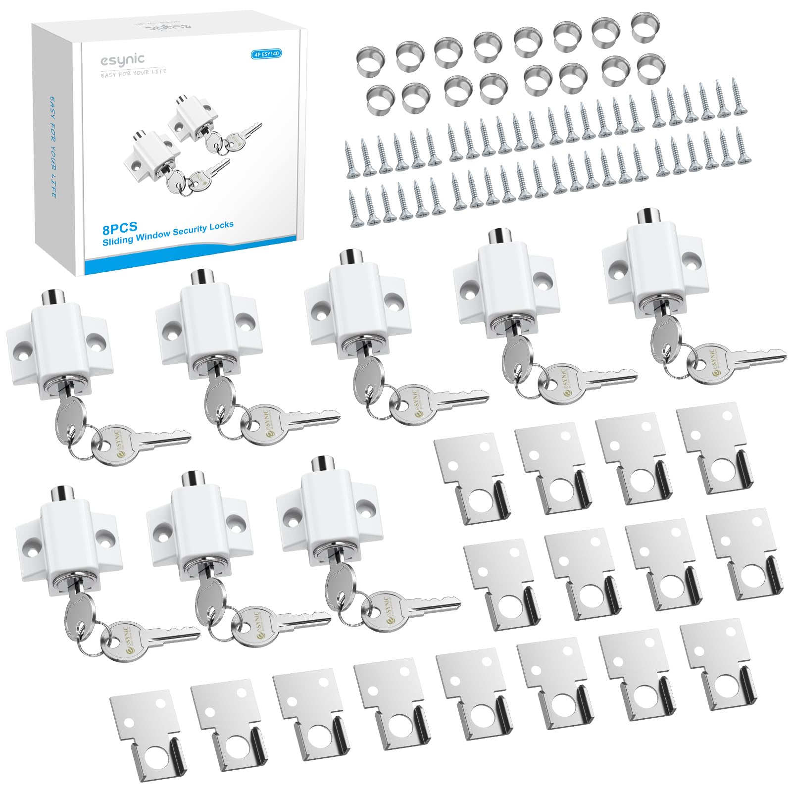 eSynic 8pack Sliding Patio Door Security Lock Professional Zinc Alloy Patio Door Lock with Key Durable Lockable Patio Door Latch 2 Way Installation Sliding Window Locks for Home Safety-White