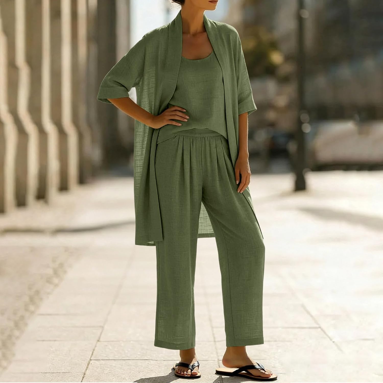 Womens 2 Piece Outfits Loose Long Cardigan Spaghetti Strap Wide Leg Jumpsuits Summer Matching Sets with Pockets