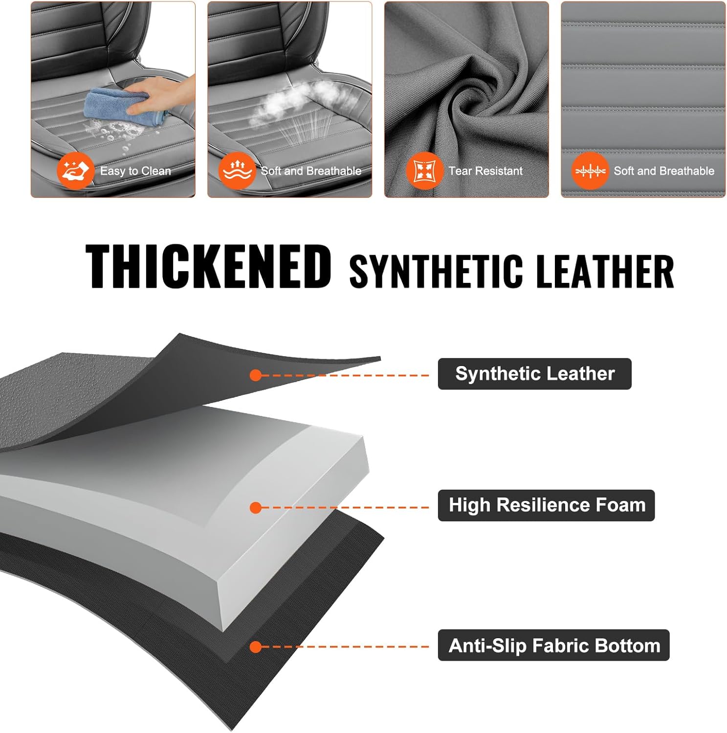 Gray Faux Leather Universal Car Seat Covers with Detachable Headrest
