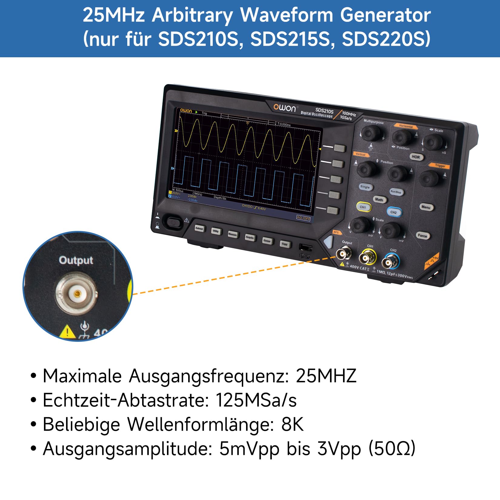 OWON Digitales Oszilloskop mit Zweikanalkanälen und 7-Zoll-Bildschirm, TFT-LCD-Display, tragbares Oszilloskop mit 1GS/s Abtastrate, Bandbreite 100 MHz, 8K Wellenformlänge, SDS210S