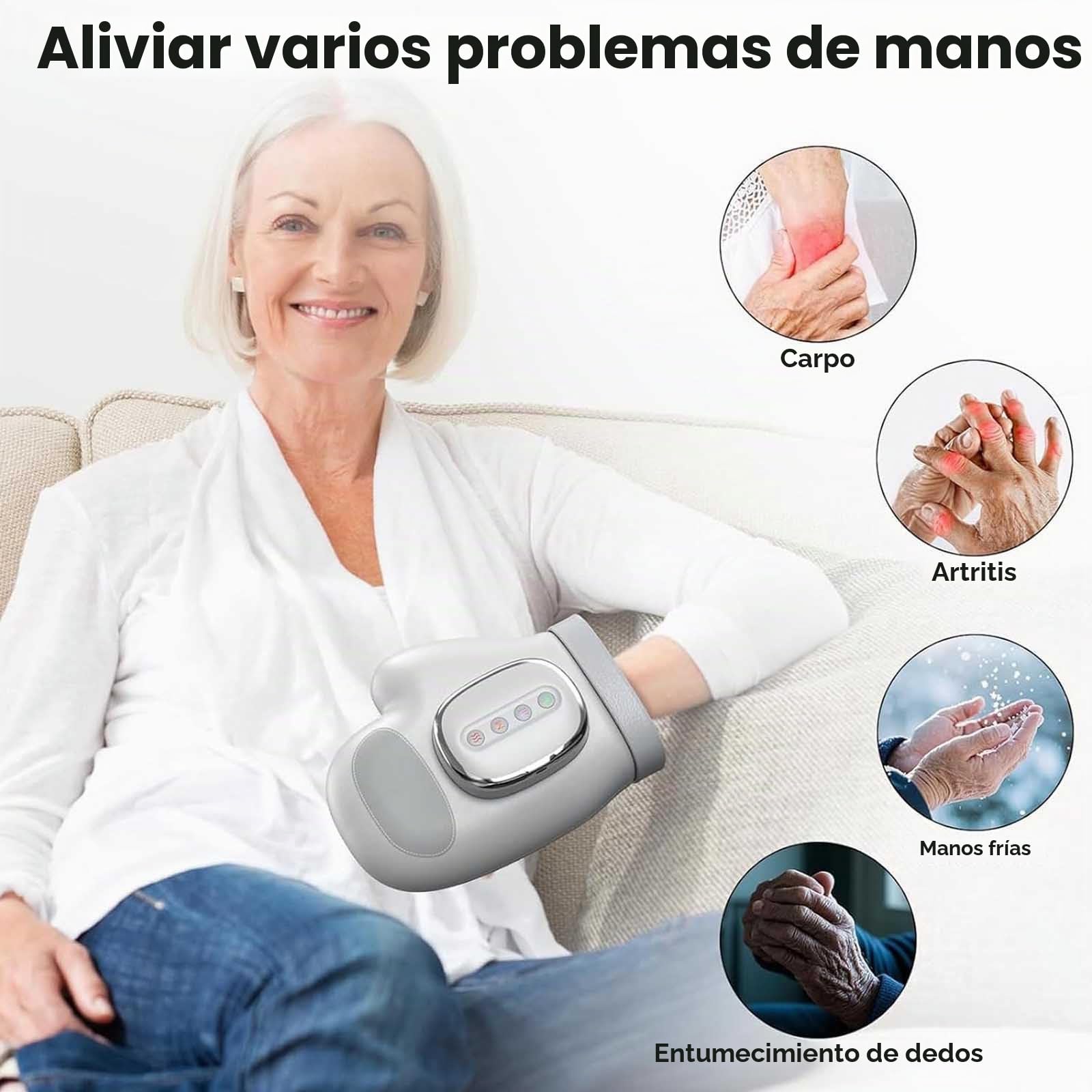 Guante Terapéutico Alivura, Masajeador de Manos con Calor y Compresión, Guante Masajeador Inteligente para Dedos - con 3 Modos de Masaje, 4 Ajustes de Temperatura y 5 Niveles de Intensidad