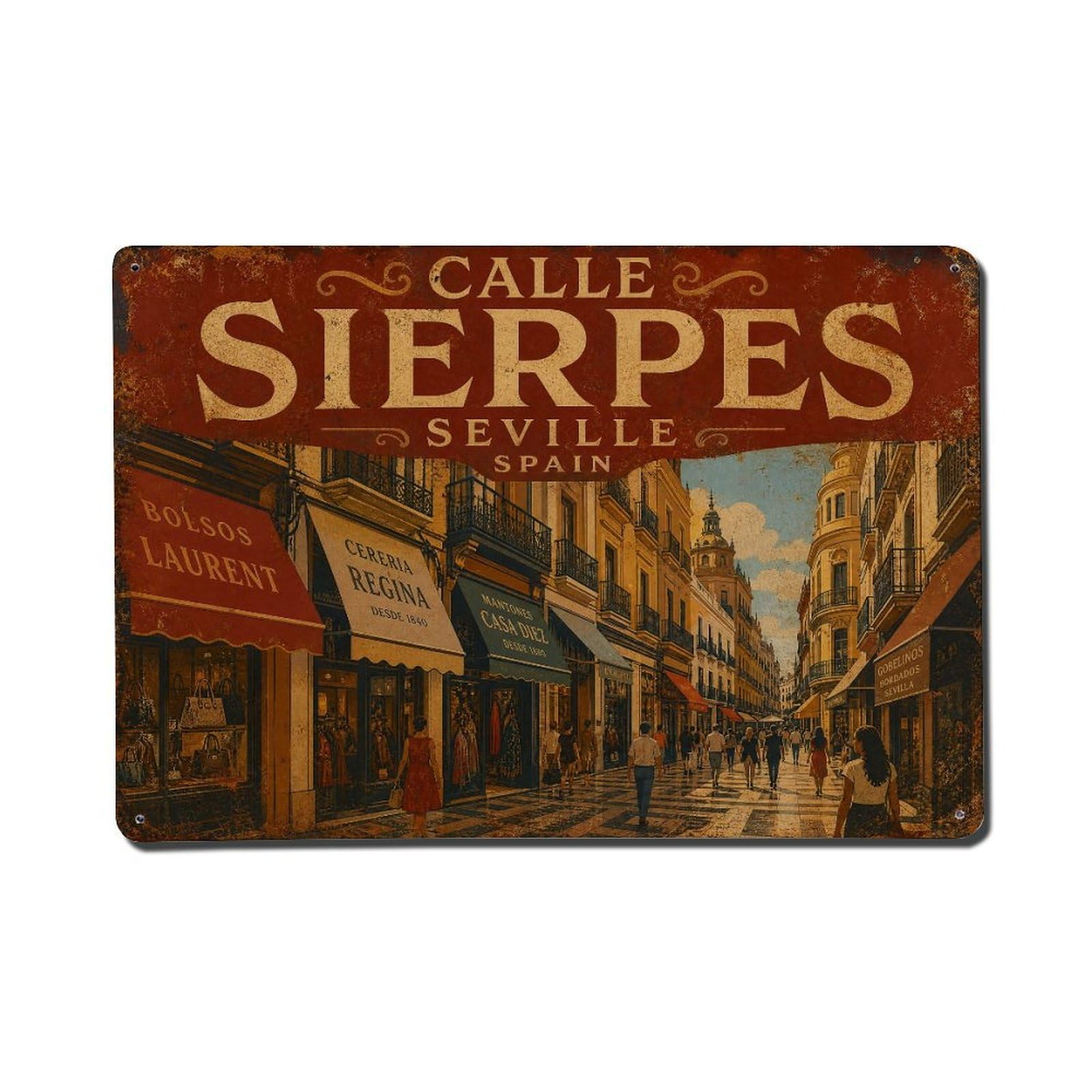 Vintage Travel Calle Sierpes Seville Shopping Street Metal Tin Sign