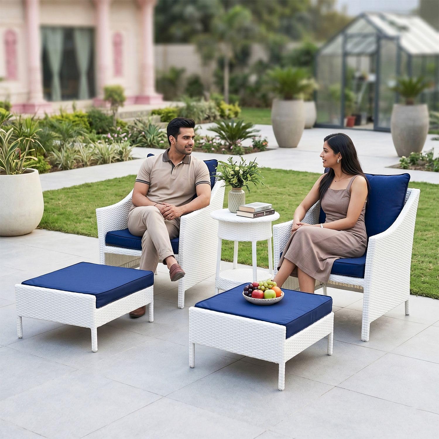 DEVOKO 5 Piece White Wicker Patio Balcony Space Saving Furniture Set with Ottomans & Water Resistant Royal Blue Cushions for Garden, Pool, Porch, Deck