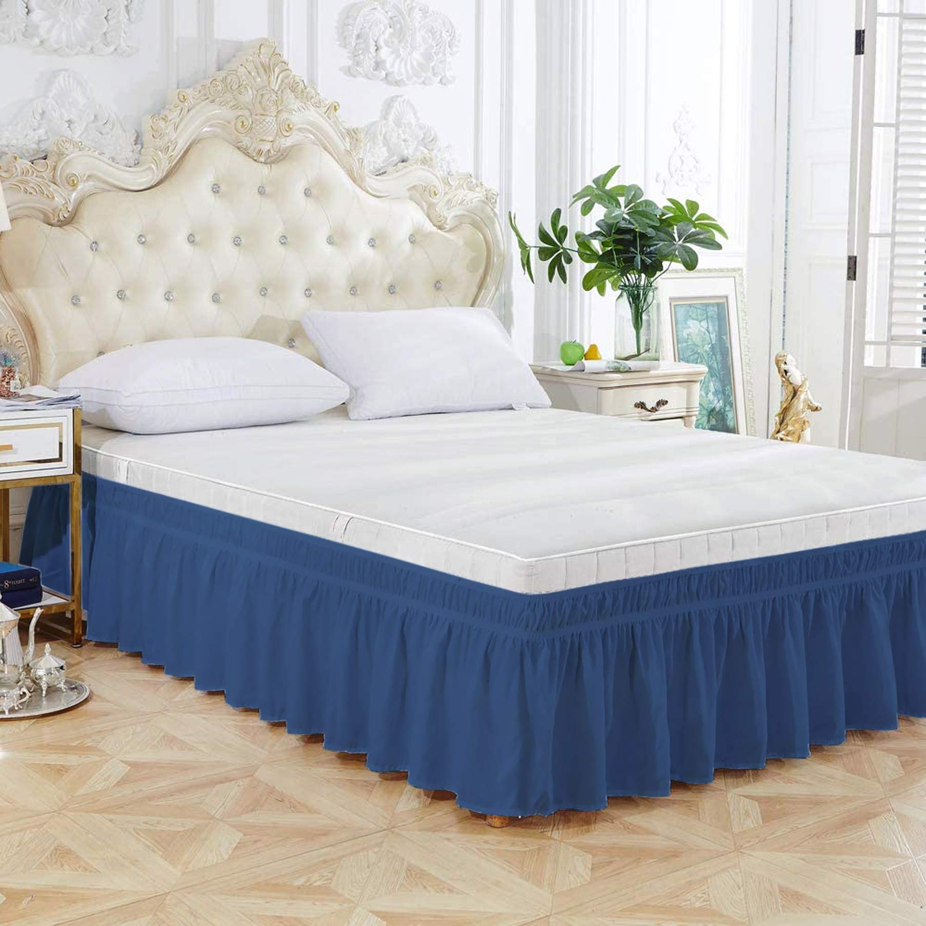 Wrap Around Bed Skirt Single Size (36" W x 72" L) Microfiber 1800 Thread Count with Adjustable Three Fabric Sides Elastic Belts, Easy Fit Bed Skirt - 12" Height (Navy Blue Solid) Color-image-48