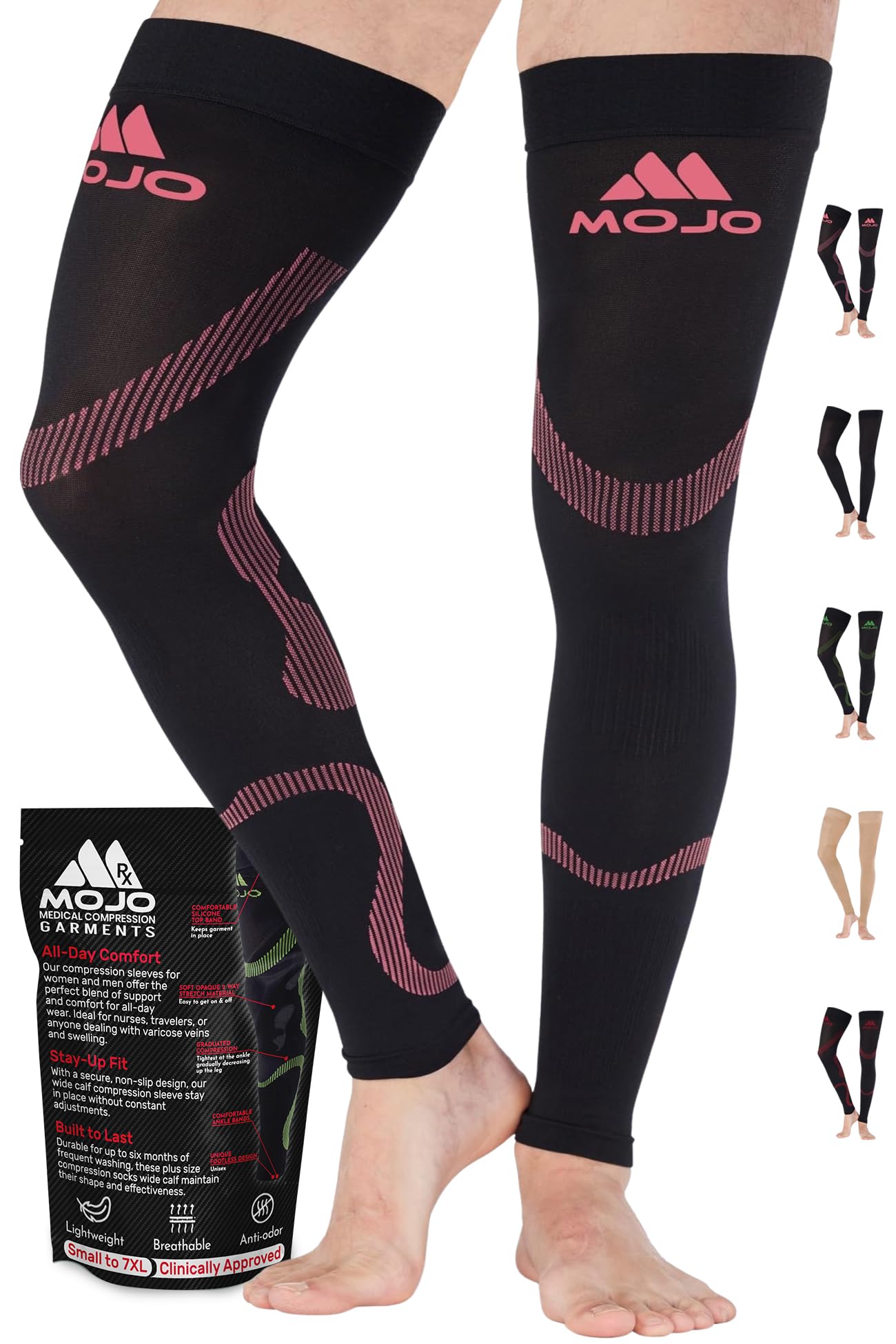 Mojo Compression Socks Stockings For Women - Thigh-Hi Leg Sleeve With Grip Top Firm Graduated Support 20-30mmHg Hot Pink Medium A609HP2